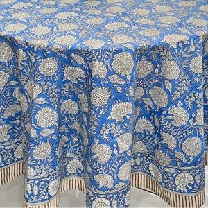 Beautiful Blue & White Round Floral Tablecloth, 108” diameter - new/unused.